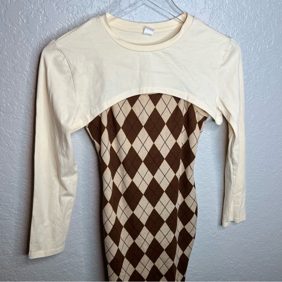 Shein Brown/Cream Quilted Dress W/Sweater Overlay - Picture 3 of 6